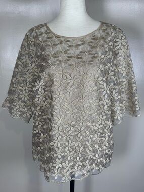 Boden Organza Gold Shimmer Metallic Embroidered Short Sleeve 2 Piece Top Sz 10